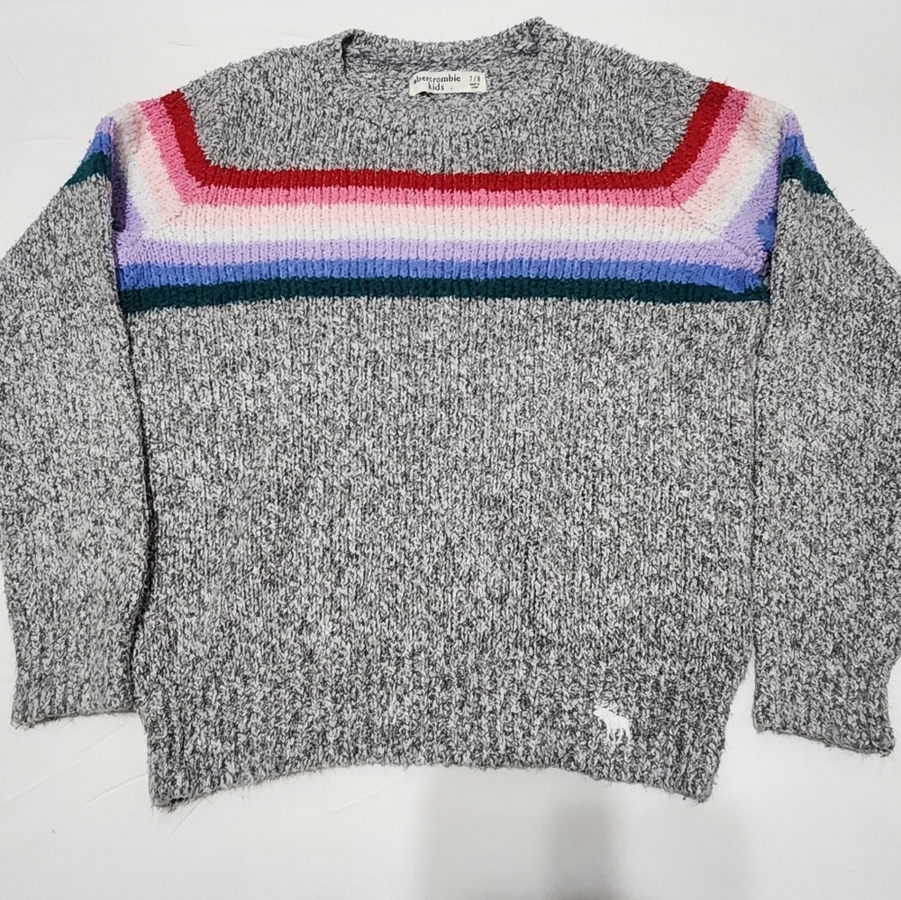 abercrombie kids A&F Girls Striped Rainbow Sweater Kids Heather Grey so soft 7-8
